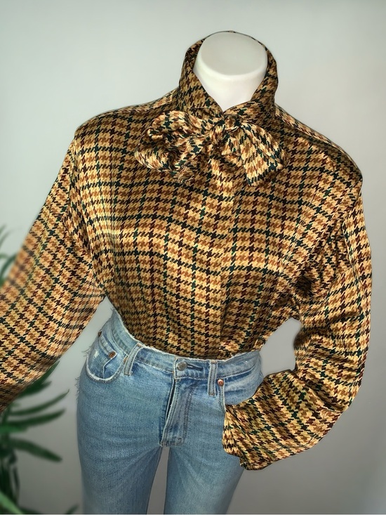 Vintage Tops - s i l k :: Vintage 100% Silk Bow Neck Tie Houndstooth Blouse